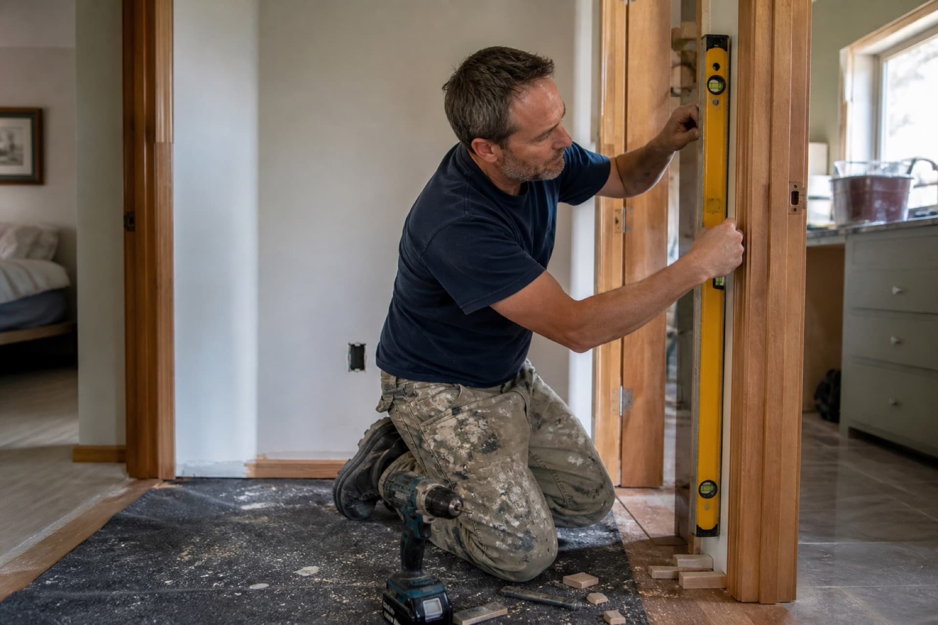 Man hanging a door with a level and drill in a home hallway