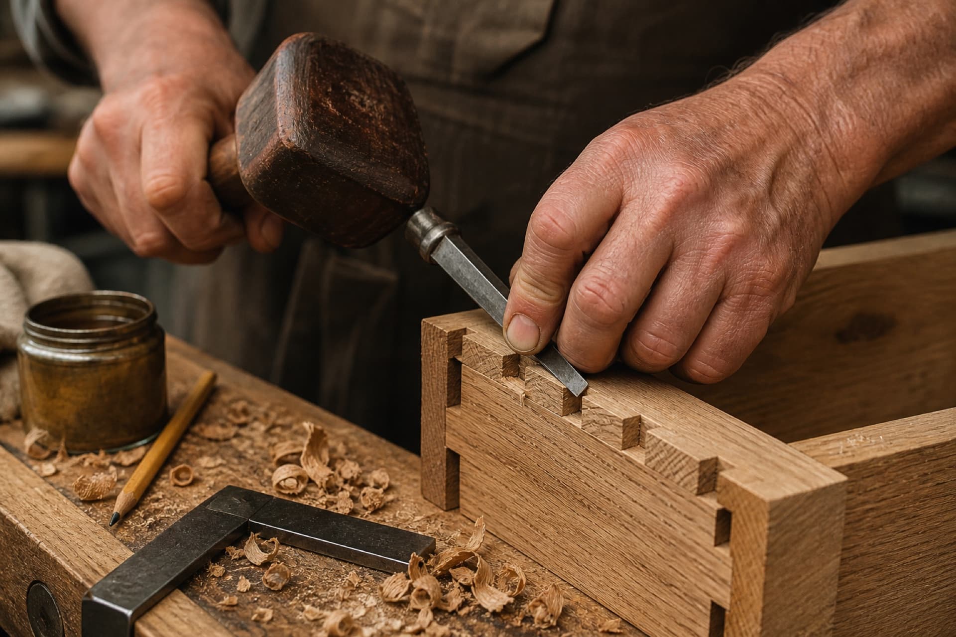 Calloused hands chiseling an oak dovetail on a workbench