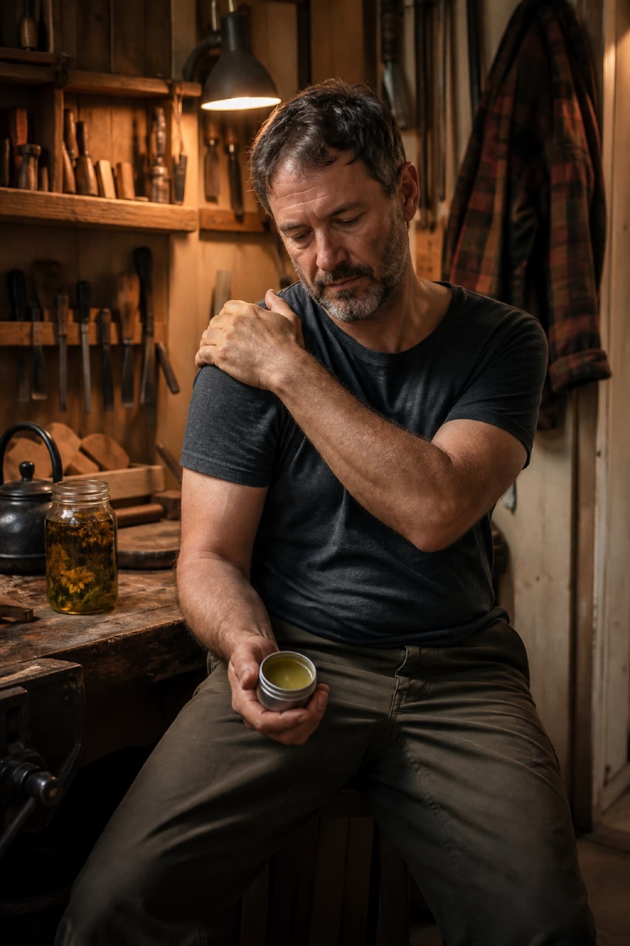 Man using homemade herbal salve at the end of a workshop day