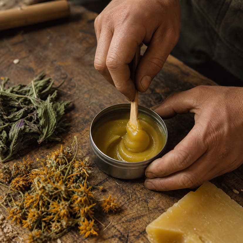 Hands mixing herbal muscle salve in a tin on a workbench